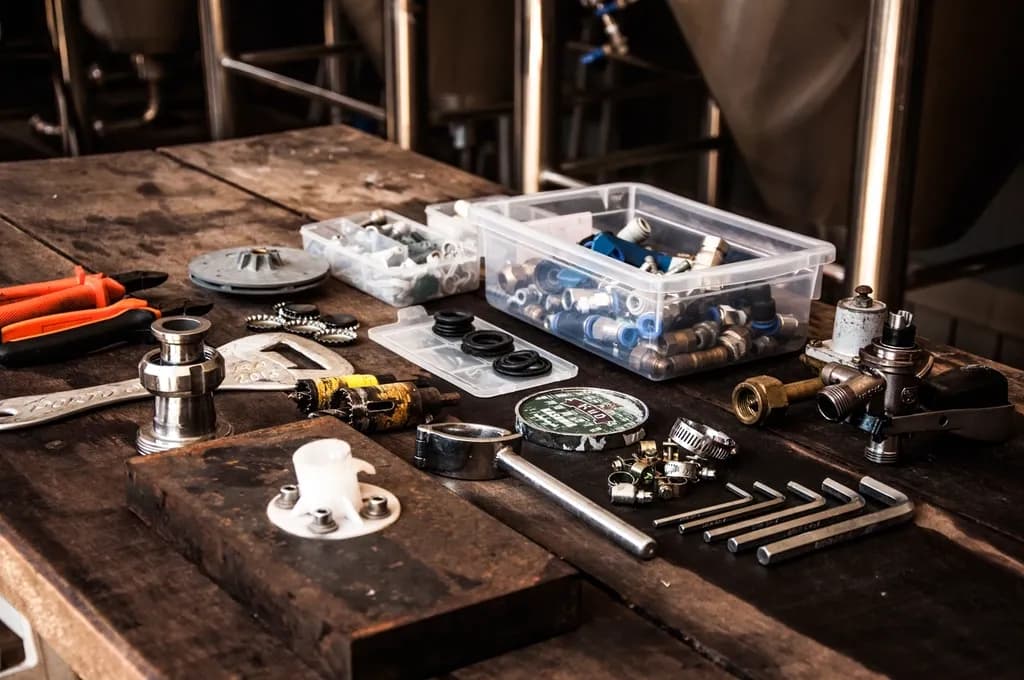 Plumbing fittings and tools laid out on a workbench
